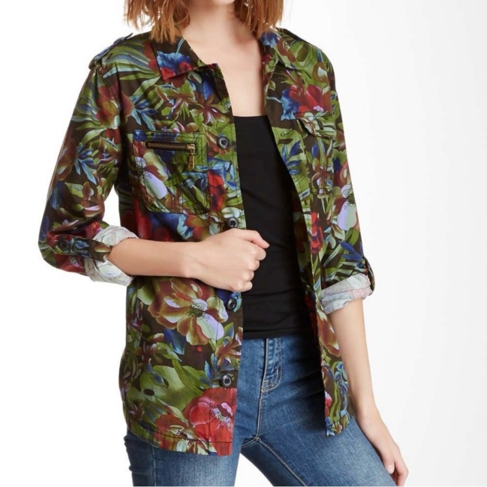 BILLABONG Botanical Green Floral Utility Lightweight ButtonFront Shacket 80s 90s